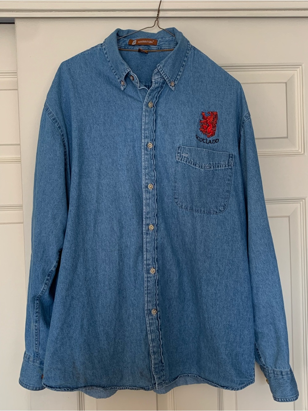 Harriton Men's Large Denim Button Down Shirt Embroidered Scotland Red Lion Rampa